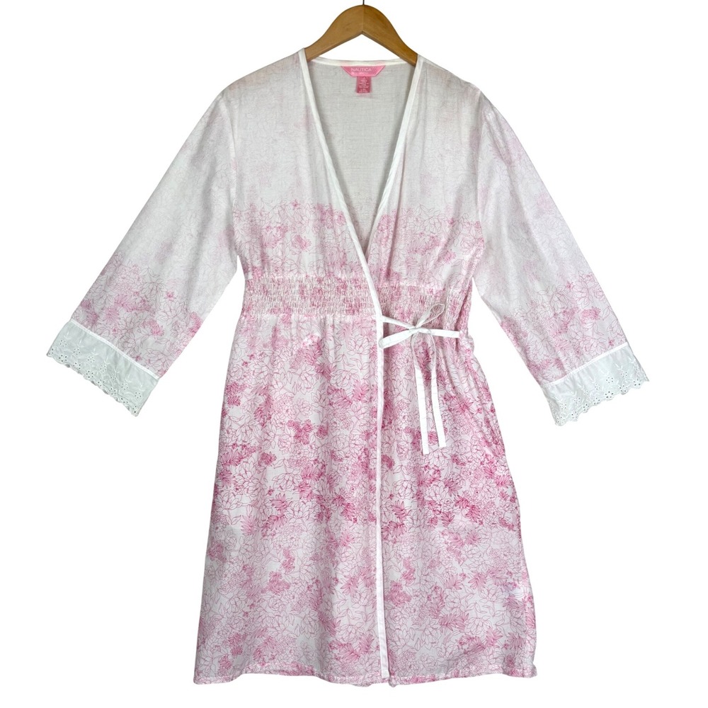 Nautica Sleepwear Pink Floral Cotton Robe Eyelet Lace Trim L/XL Smocked Waist